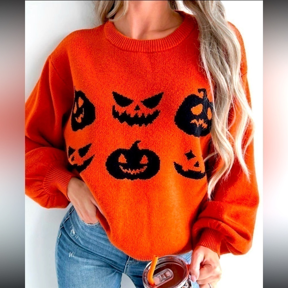 Orange Halloween Pumpkin Face Pattern Drop Should… - image 1